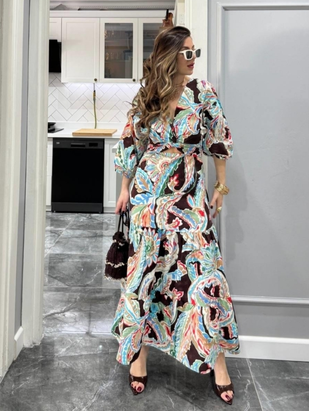 Zara Multicolor Floral Print Cut-Out Flounced Puff Sleeve Poplin Dress Size LG - Picture 4 of 14
